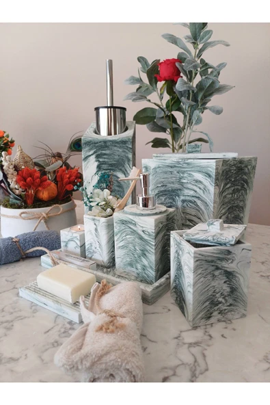 11 Parça Mermer Desenli Beton Banyo Seti Katı Sıvı Sabunluk Diş Fırçalık Pamukluk Mumluk Tepsi - Resim 3