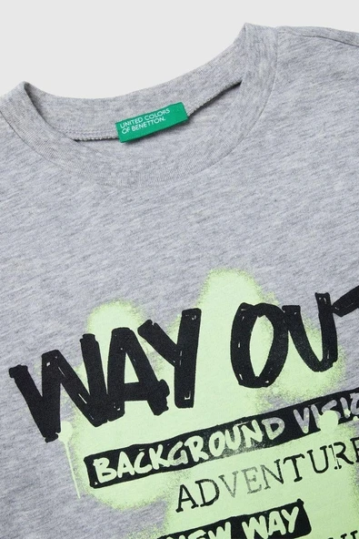 United Colors of Benetton Erkek Çocuk 3JERC10QO-25K  Uzun Kol Tshirt Gri Melanj - Resim 3