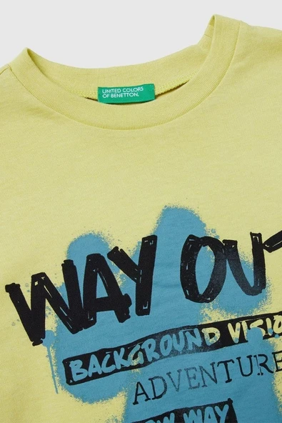United Colors of Benetton Erkek Çocuk 3JERC10QO-25K  Uzun Kol Tshirt Sarı - Resim 3