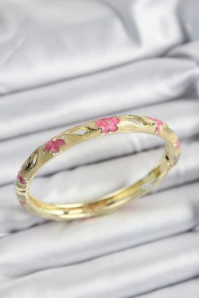 Mineli Pirinç Pembe Ve Hardal Çiçek Motifli Gold Renk Kadın Kelepçe - TJ-BB7369 ürün görseli 1