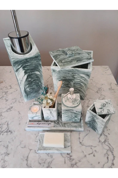 11 Parça Mermer Desenli Beton Banyo Seti Katı Sıvı Sabunluk Diş Fırçalık Pamukluk Mumluk Tepsi - Resim 5