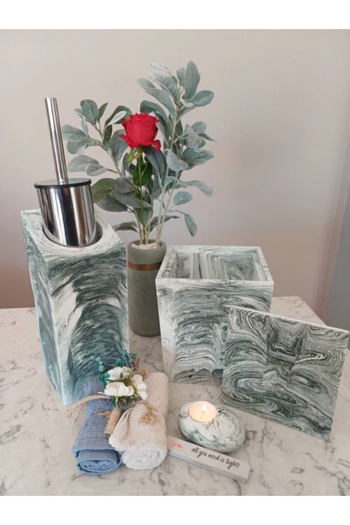 4 Parça Mermer Desenli Beton Banyo Seti Tuvalet Fırçalığı Çöp Kovası - Resim 2