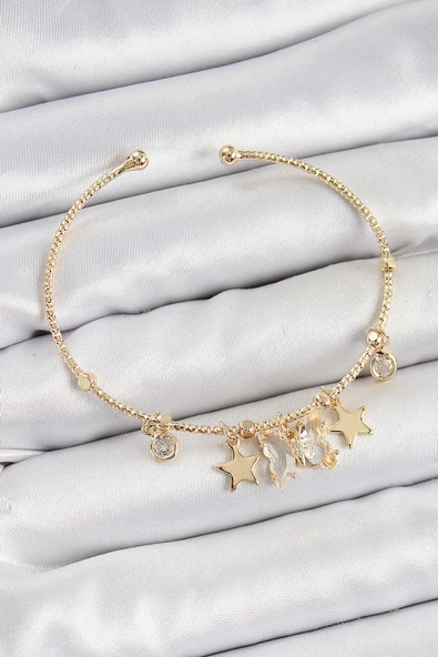 Pirinç Zirkon Taşlı Kelebek Ve Yıldız Model Gold Renk Charm Bileklik - TJ-BB7355 ürün görseli 1