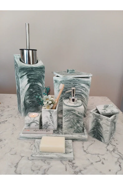 11 Parça Mermer Desenli Beton Banyo Seti Katı Sıvı Sabunluk Diş Fırçalık Pamukluk Mumluk Tepsi - Resim 4