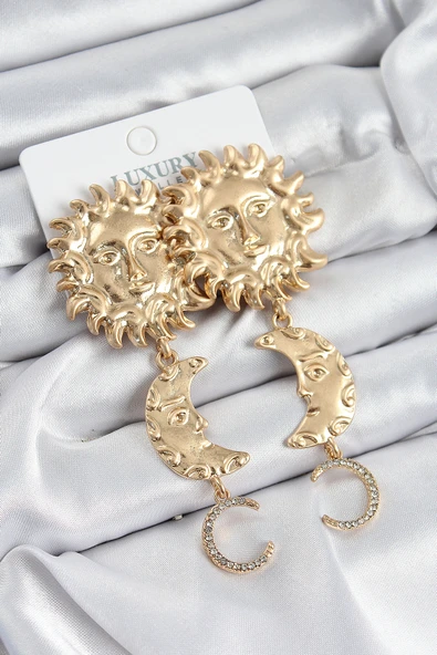 Pirinç Zirkon Taşlı Sallantılı Güneş Model Gold Renk Kadın Küpe - TJ-BKP10961 ürün görseli 1