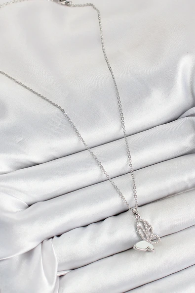 316L Çelik Zirkon Taşlı Kelebek Model Gümüş Renk Kadın Kolye - TJ-BKO10360 - Resim 2