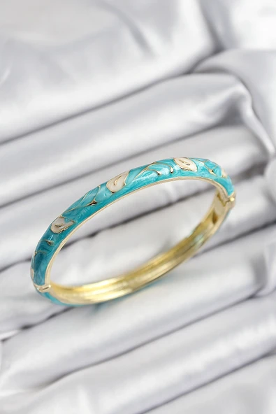 Mineli Pirinç Krem Ve Turkuaz Yaprak Motifli Gold Renk Kadın Kelepçe - TJ-BB7421 ürün görseli 1