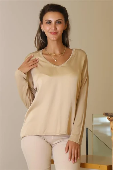 V YAKA UZUN KOLLU CAMEL KADIN BLUZ  797303-2Y5 - Resim 2