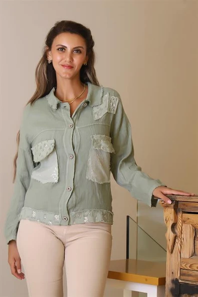 CEPLERİ PULLU HAKİ KADIN CEKET  82263-2Y5 ürün görseli