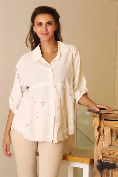 KATLAMALI KOL İŞLEMELİ BEJ KADIN BLUZ  55740-2Y5