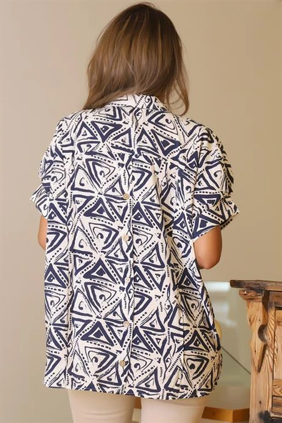 KATLAMALI KOL DESENLİ EKRU İNDİGO KADIN GÖMLEK  29751-2Y5 - 4