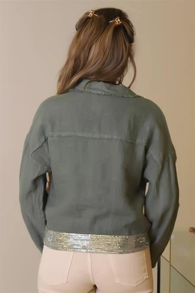 CEPLERİ PUL İŞLEMELİ HAKİ KADIN CEKET  23240-2Y5 - Resim 4