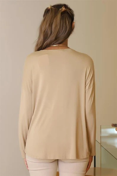 V YAKA UZUN KOLLU CAMEL KADIN BLUZ  797303-2Y5 - Resim 5