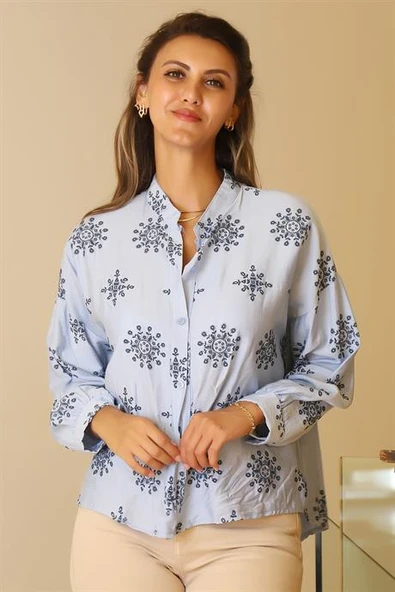 DİK YAKA İŞLEMELİ MAVİ  KADIN BLUZ 51029-2Y5 - 4