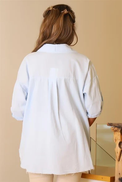 KATLAMALI KOL İŞLEMELİ MAVİ  KADIN BLUZ 55740-2Y5 - Resim 4