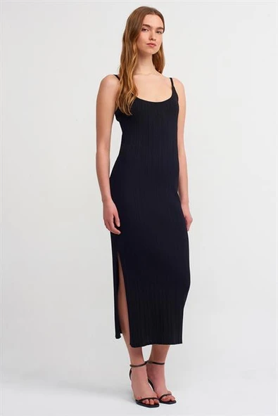 İP ASKILI YIRTMAÇLI UZUN SİYAH KADIN ELBİSE 90139-2Y5 ürün görseli