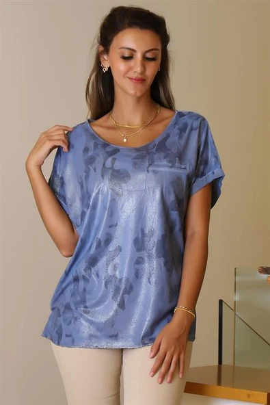 KAMUFLAJ DESENLİ KISA KOLLU MAVİ KADIN T-SHİRT  9582-2Y5 - 2