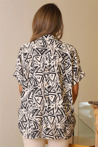 KATLAMALI KOL DESENLİ EKRU İSİYAH  KADIN GÖMLEK 29751-2Y5 - Resim 4