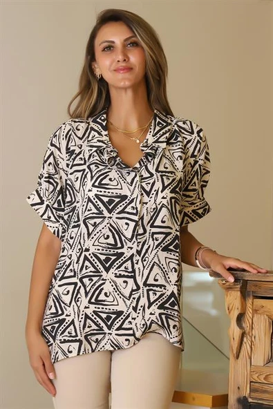 KATLAMALI KOL DESENLİ EKRU İSİYAH  KADIN GÖMLEK 29751-2Y5 - Resim 2