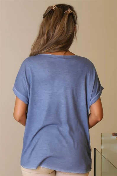 KAMUFLAJ DESENLİ KISA KOLLU MAVİ KADIN T-SHİRT  9582-2Y5 - 4