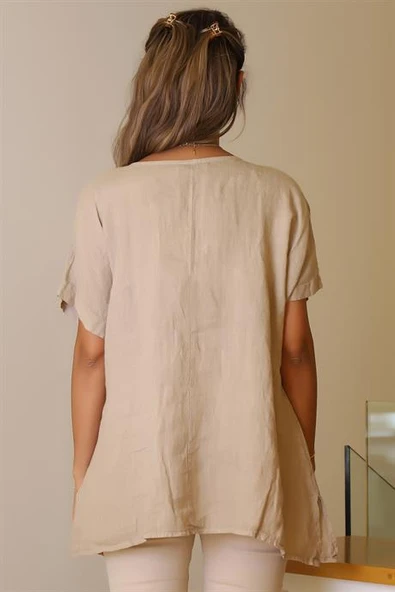 SIFIR YAKA CEPLİ SALAŞ BEJ KADIN BLUZ 13746-2Y5 - 4