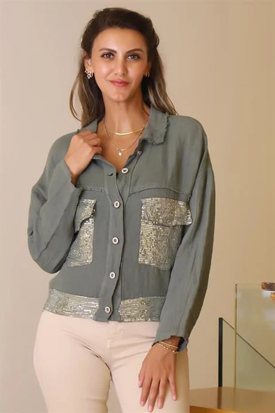 CEPLERİ PUL İŞLEMELİ HAKİ KADIN CEKET  23240-2Y5 - Resim 2