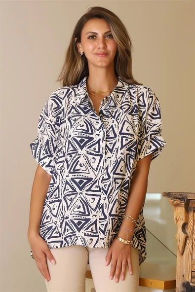 KATLAMALI KOL DESENLİ EKRU İNDİGO KADIN GÖMLEK 29751-2Y5 - 2