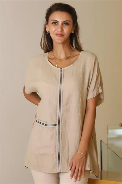 SIFIR YAKA CEPLİ SALAŞ BEJ KADIN BLUZ 13746-2Y5 - 2