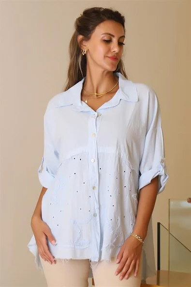 KATLAMALI KOL İŞLEMELİ MAVİ  KADIN BLUZ 55740-2Y5 - Resim 3