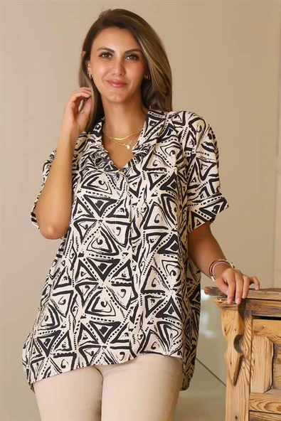 KATLAMALI KOL DESENLİ EKRU İSİYAH  KADIN GÖMLEK 29751-2Y5 - Resim 3