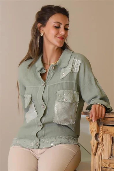 CEPLERİ PULLU HAKİ KADIN CEKET  82263-2Y5 - Resim 2