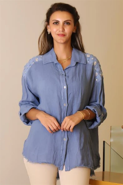 OMUZLARI İŞLEMELİ İNDİGO KADIN BLUZ  81921-2Y5 - Resim 4