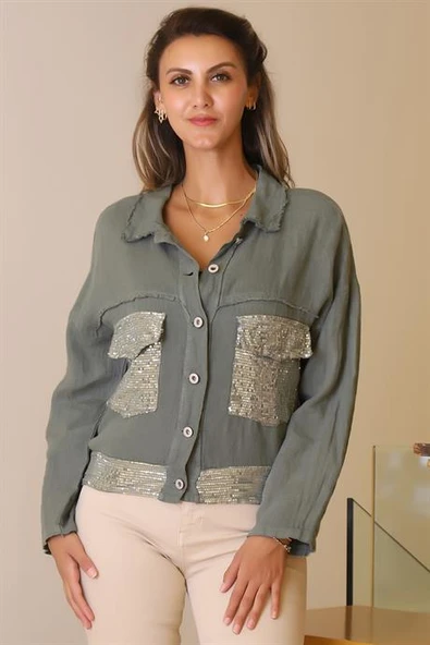 CEPLERİ PUL İŞLEMELİ HAKİ KADIN CEKET  23240-2Y5 - Resim 3