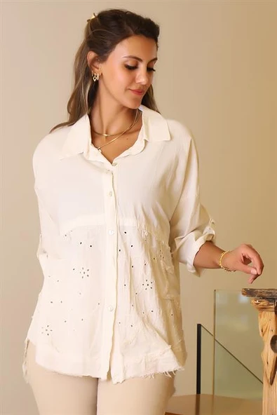 KATLAMALI KOL İŞLEMELİ BEJ KADIN BLUZ  55740-2Y5 - 4