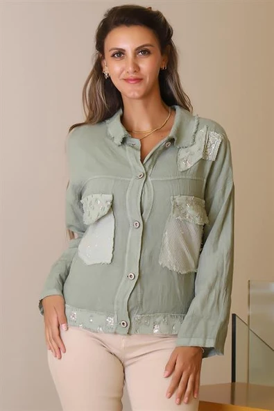 CEPLERİ PULLU HAKİ KADIN CEKET  82263-2Y5 - Resim 3