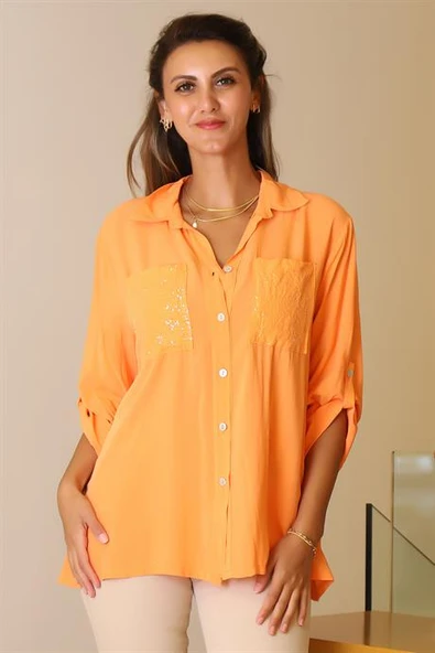 CEPLERİ PUL İŞLEMELİ ORANJ KADIN GÖMLEK  13-2Y5 ürün görseli