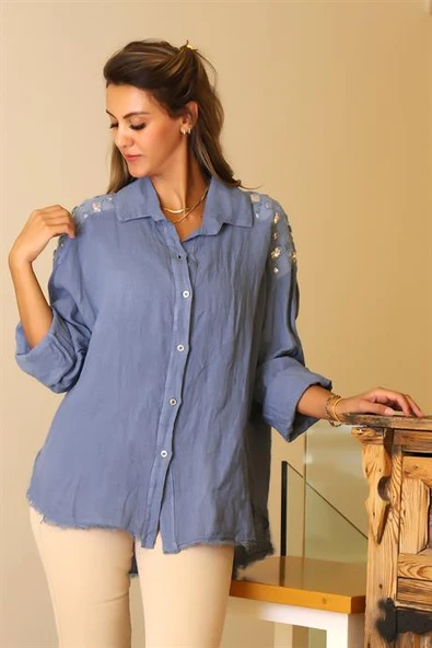 OMUZLARI İŞLEMELİ İNDİGO KADIN BLUZ  81921-2Y5 - Resim 3