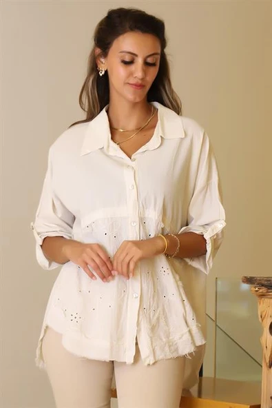 KATLAMALI KOL İŞLEMELİ BEJ KADIN BLUZ 55740-2Y5 - 2