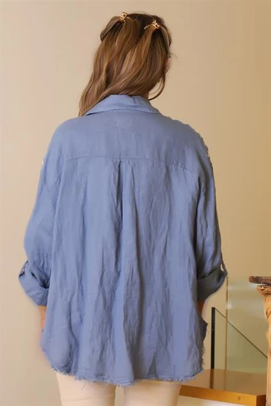 OMUZLARI İŞLEMELİ İNDİGO KADIN BLUZ  81921-2Y5 - Resim 5