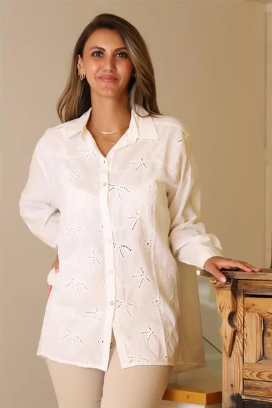 UZUN KOLLU İŞLEMELİ EKRU KADIN TUNİK  8116-2Y5 ürün görseli