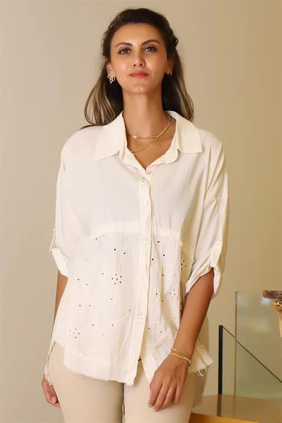 KATLAMALI KOL İŞLEMELİ BEJ KADIN BLUZ  55740-2Y5 - 3