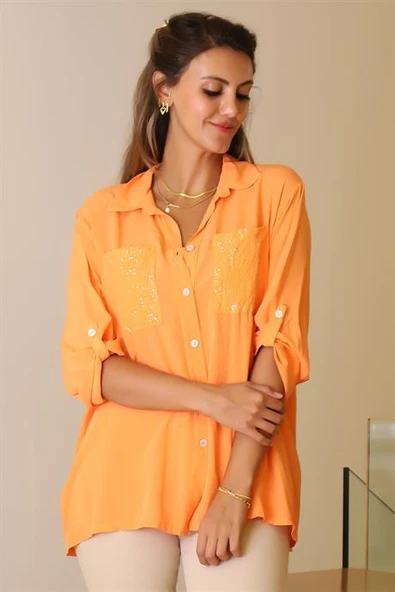 CEPLERİ PUL İŞLEMELİ ORANJ KADIN GÖMLEK  13-2Y5 - Resim 3