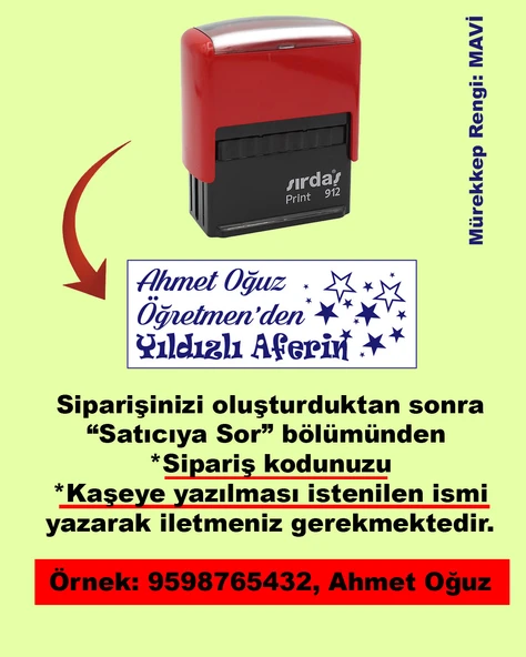 Öğretmen Kaşesi - Öğretmen'den Yıldızlı Aferin, 912 (51mmx19mm) Mavi Keçeli Otomatik Kaşe ürün görseli