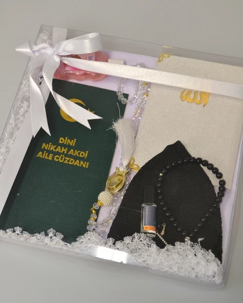 Dini Nikah Seti – Kurdeleli Özel Kutu | Dini Nikah Defteri, Kadife Yasin, Gelin Başörtüsü, Kristal Tesbih, Gül Suyu, Takke, Esans - Resim 4
