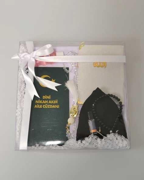 Dini Nikah Seti – Kurdeleli Özel Kutu | Dini Nikah Defteri, Kadife Yasin, Gelin Başörtüsü, Kristal Tesbih, Gül Suyu, Takke, Esans - Resim 2