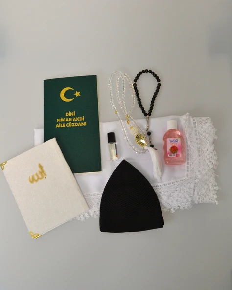 Dini Nikah Seti – Kurdeleli Özel Kutu | Dini Nikah Defteri, Kadife Yasin, Gelin Başörtüsü, Kristal Tesbih, Gül Suyu, Takke, Esans ürün görseli