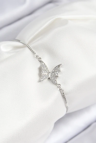 Pirinç Zirkon Taşlı Kelebek Model Gümüş Renk Asansörlü Kadın Bileklik - TJ-BB7724 ürün görseli 1