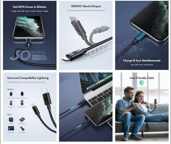 RAVPOWER Type-C to Lightning Cable 1m TPE Black RP-CB1016 - 5