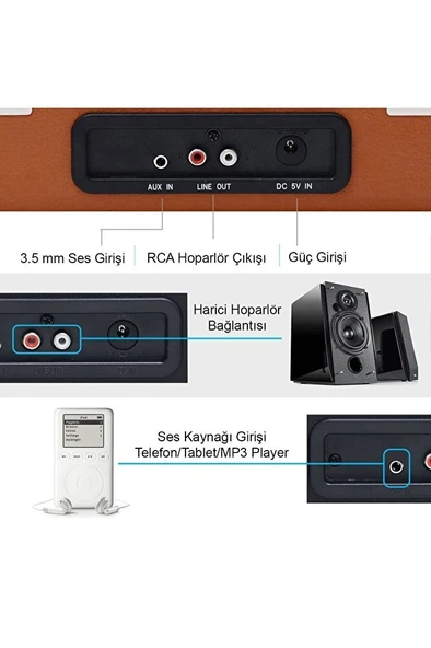 T310CH Şarj Özellikli Plak Çalar 33-45-78 Devir Kahverengi Renk Tek Ebat Beden - 4