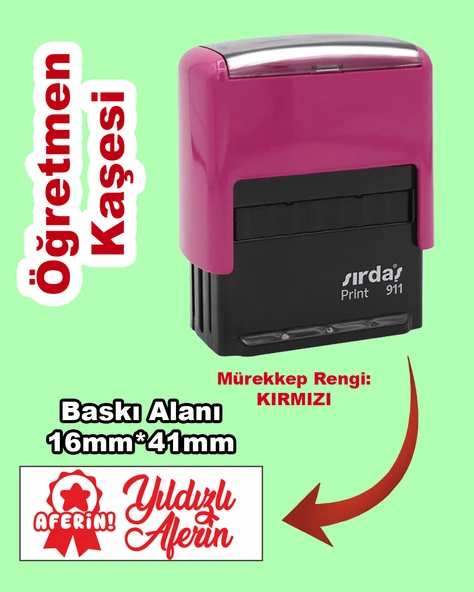 Öğretmen Motivasyon Kaşesi - Yıldızlı Aferin, 911 (16mm x 41mm) Kırmızı Keçeli Otomatik Kaşe ürün görseli
